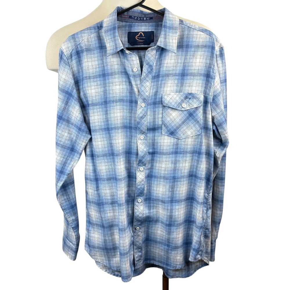 Being Human Men's XL Blue Plaid Casual Slim Fit Long Sleeve Button Down Shirt - Picture 2 of 5